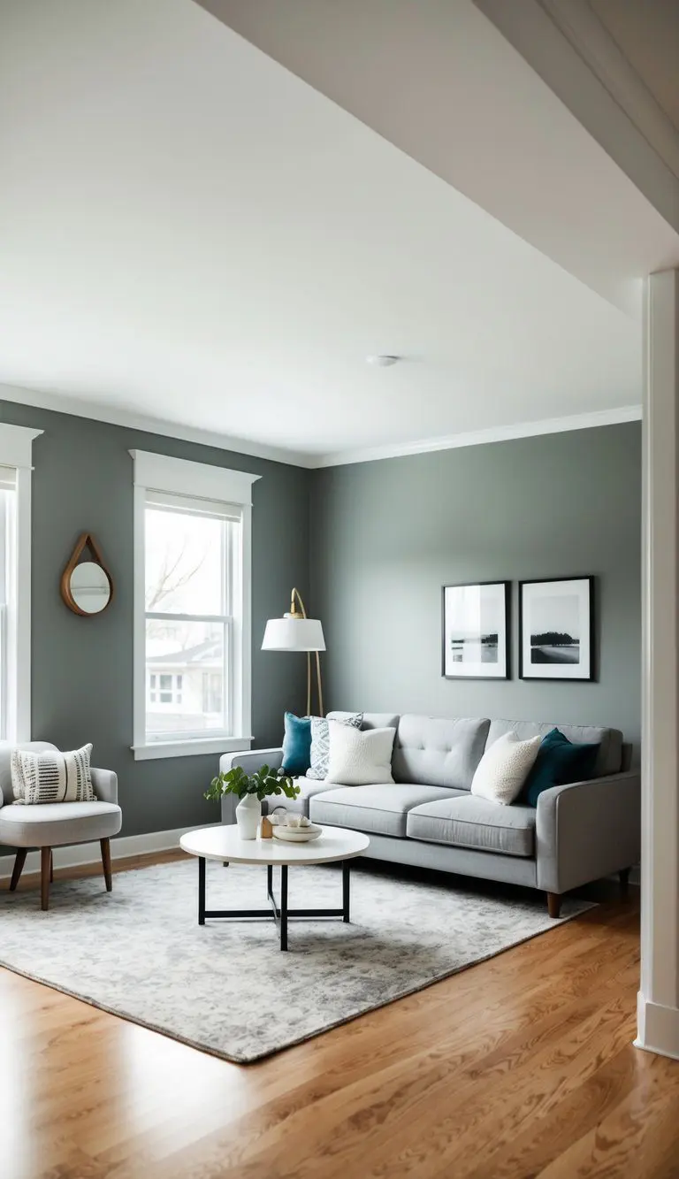 A modern living room with Agreeable Gray walls and white trim, featuring clean lines and minimalistic decor