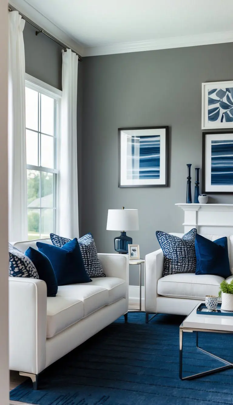 A modern living room with Agreeable Gray walls, navy blue accent pillows, and a sleek navy blue rug. White trim and furniture add contrast
