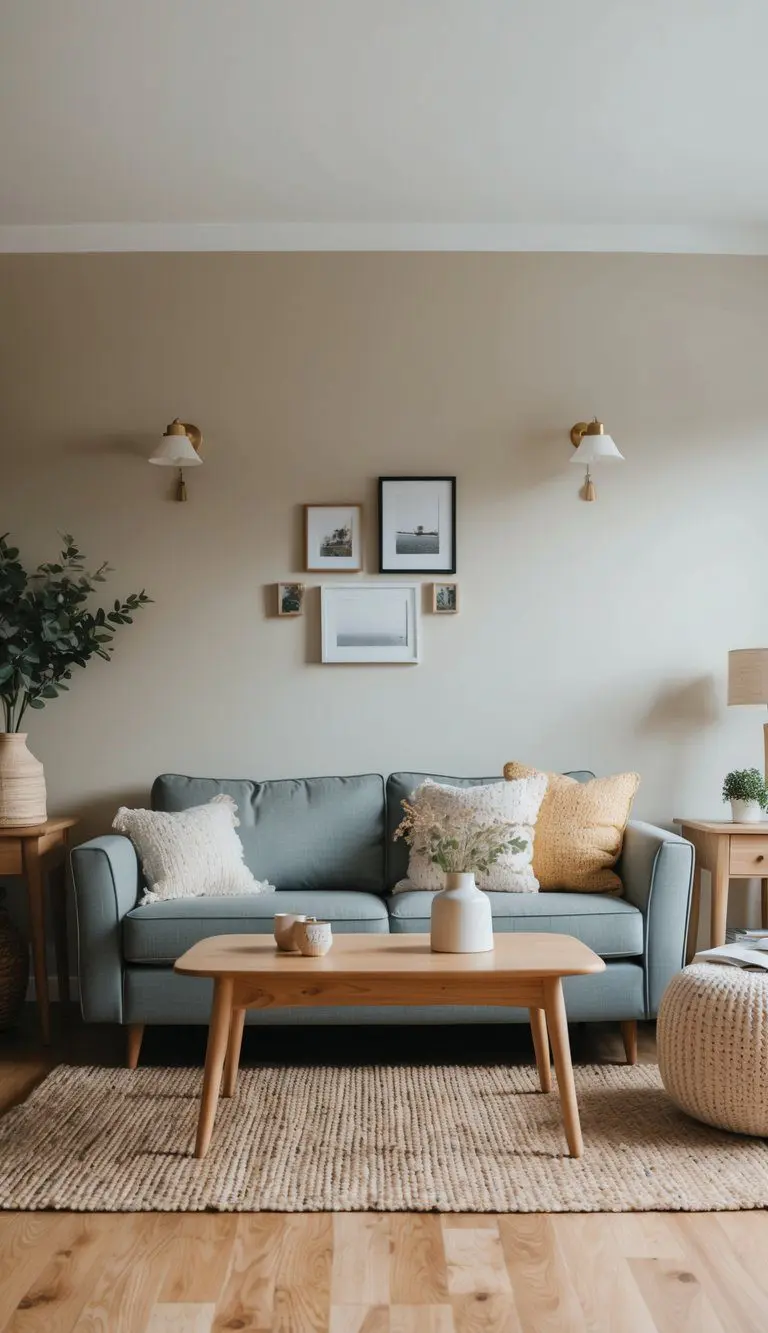 A cozy living room with natural wood furniture complements the beige undertones of Agreeable Gray walls