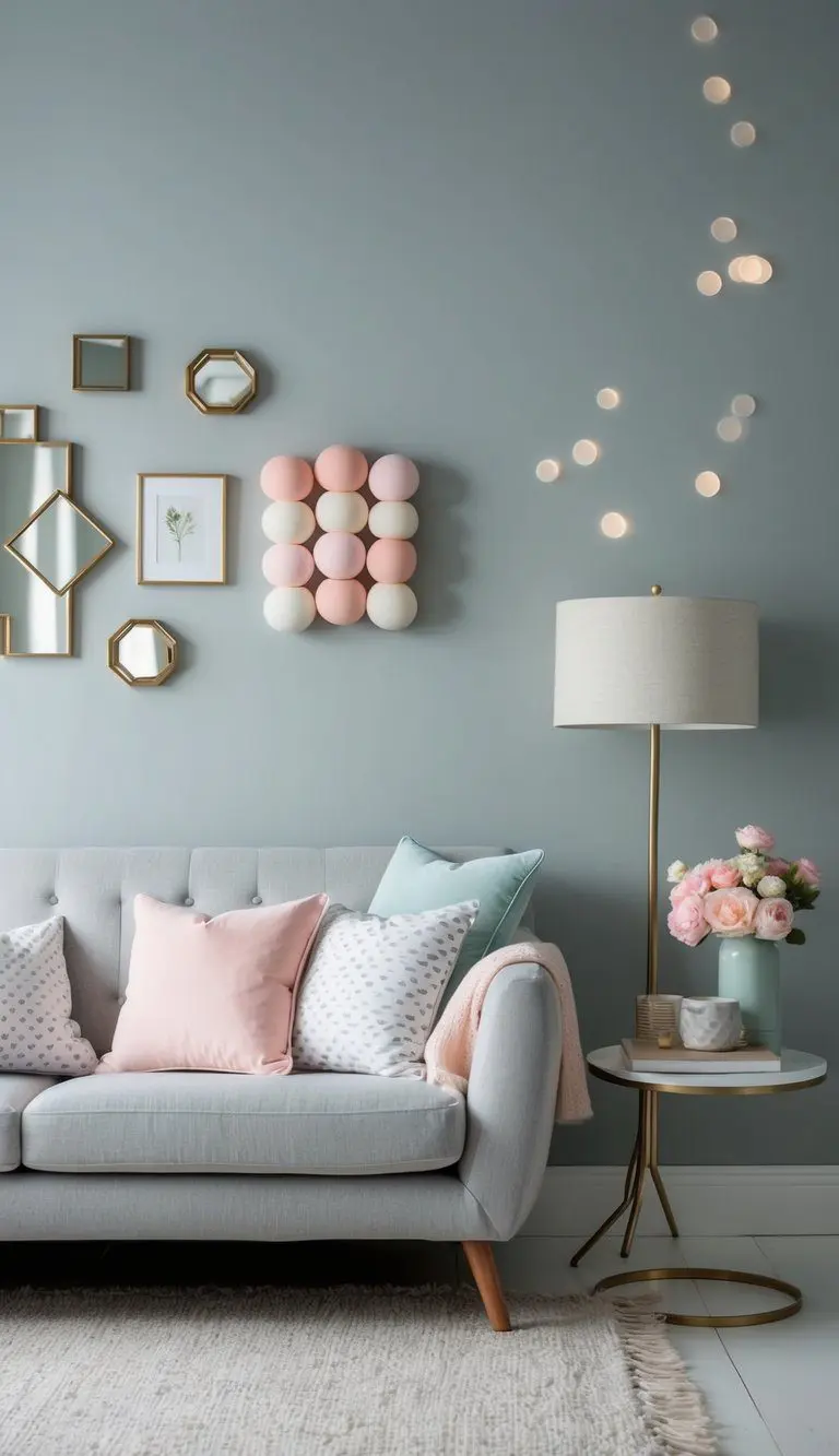 Soft pastel accessories complement Agreeable Gray walls in a serene setting