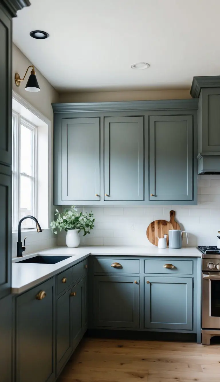 The kitchen cabinets are painted in Agreeable Gray, bringing a modern touch to the traditional space