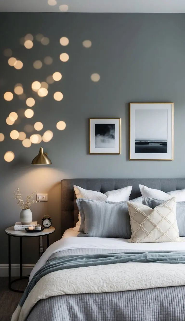 A bedroom with Agreeable Gray walls, soft lighting, and cozy bedding creates an inviting and tranquil environment