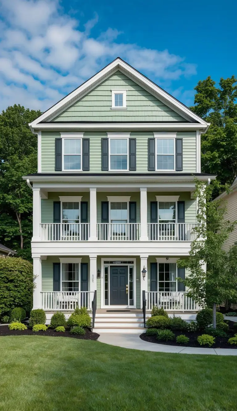 A two-story house with Benjamin Moore Saybrook Sage exterior paint and off-white trim, surrounded by lush green landscaping