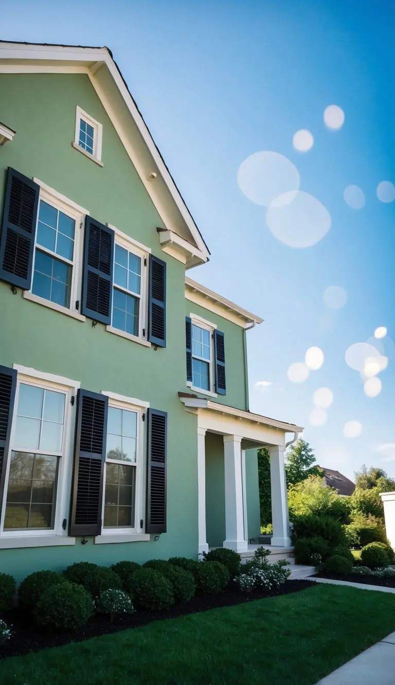 Sage green house with charcoal shutters under a clear blue sky