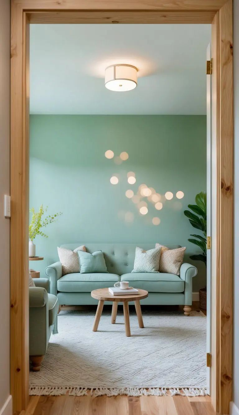 Soft sage green walls with natural wood accents create a serene and inviting atmosphere