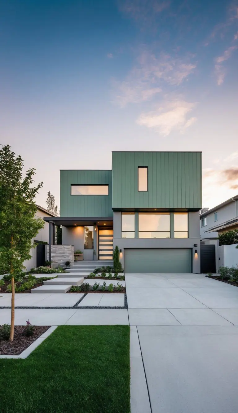 A sleek, modern house with sage green exterior and gray undertones, surrounded by clean landscaping and contemporary architectural details