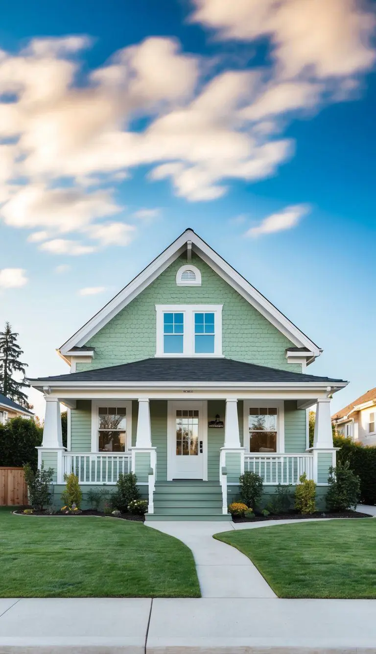 A charming house with a sage green exterior and bright white trim stands against a blue sky
