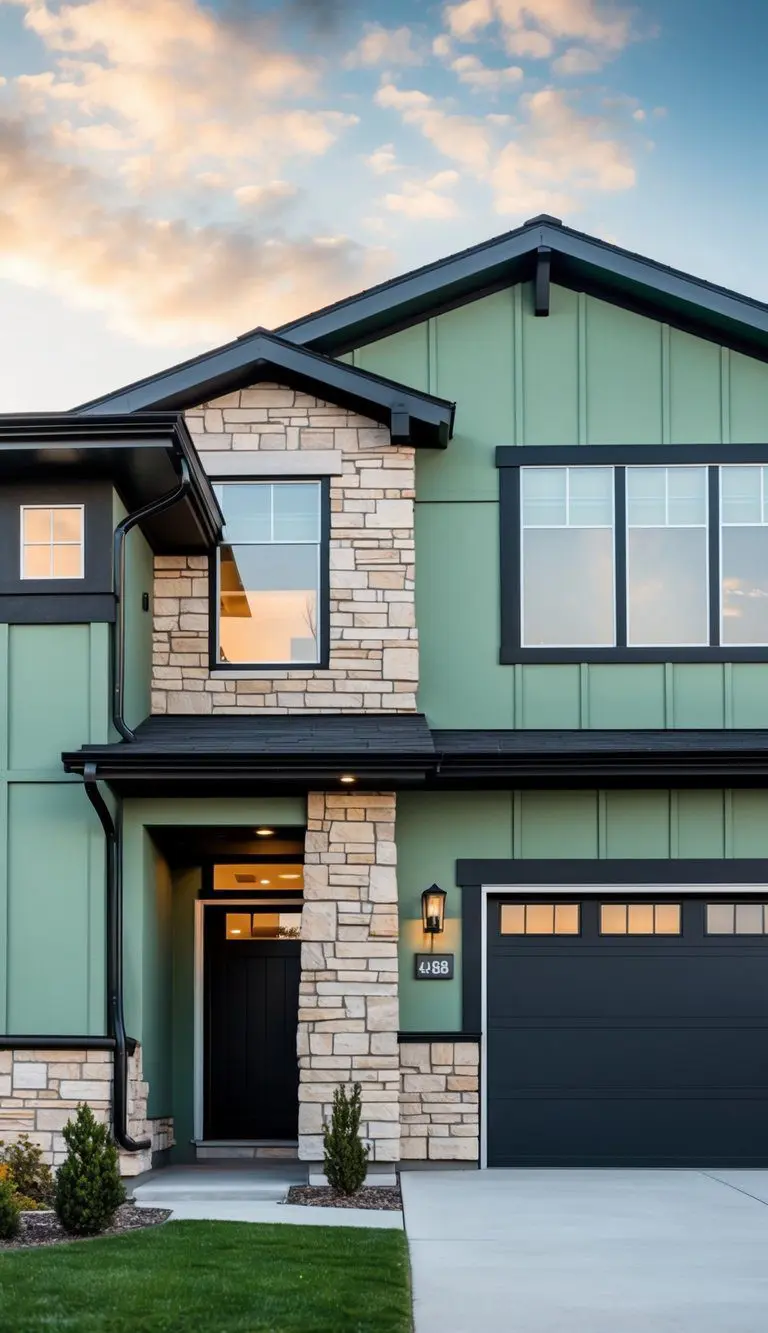 A modern house with sage green exterior walls and stone veneer accents