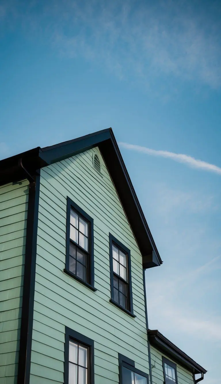 A sage green clapboard house with black window frames stands against a clear blue sky