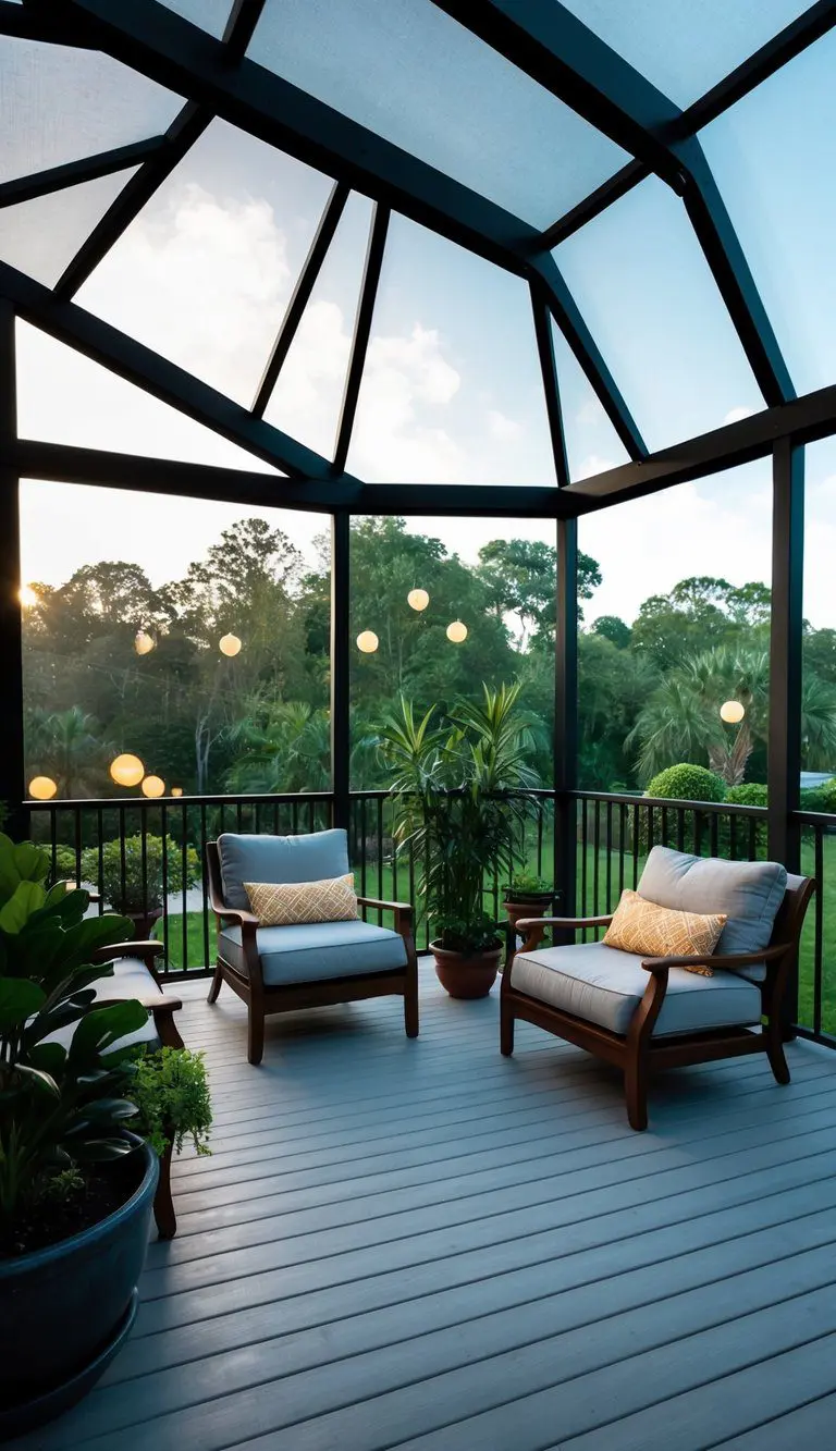 A spacious, modern screened-in deck with comfortable seating, potted plants, and soft lighting, overlooking a lush garden or scenic view