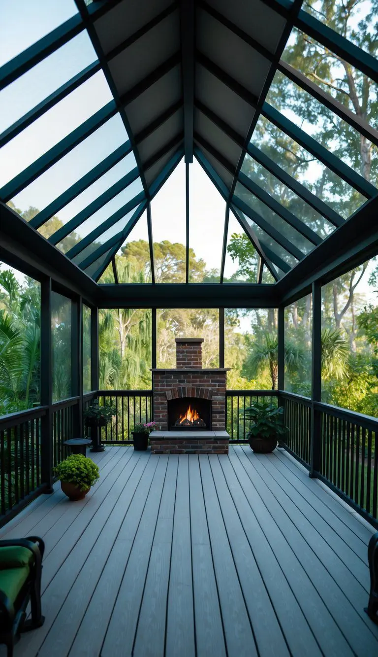 A spacious screened deck with a vaulted ceiling and a cozy fireplace. The deck is surrounded by lush greenery, creating a tranquil and inviting outdoor space