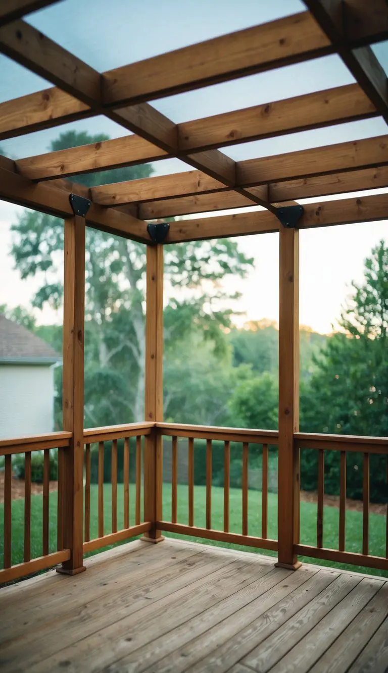 A wood-framed screened deck with new design, replacing old structure