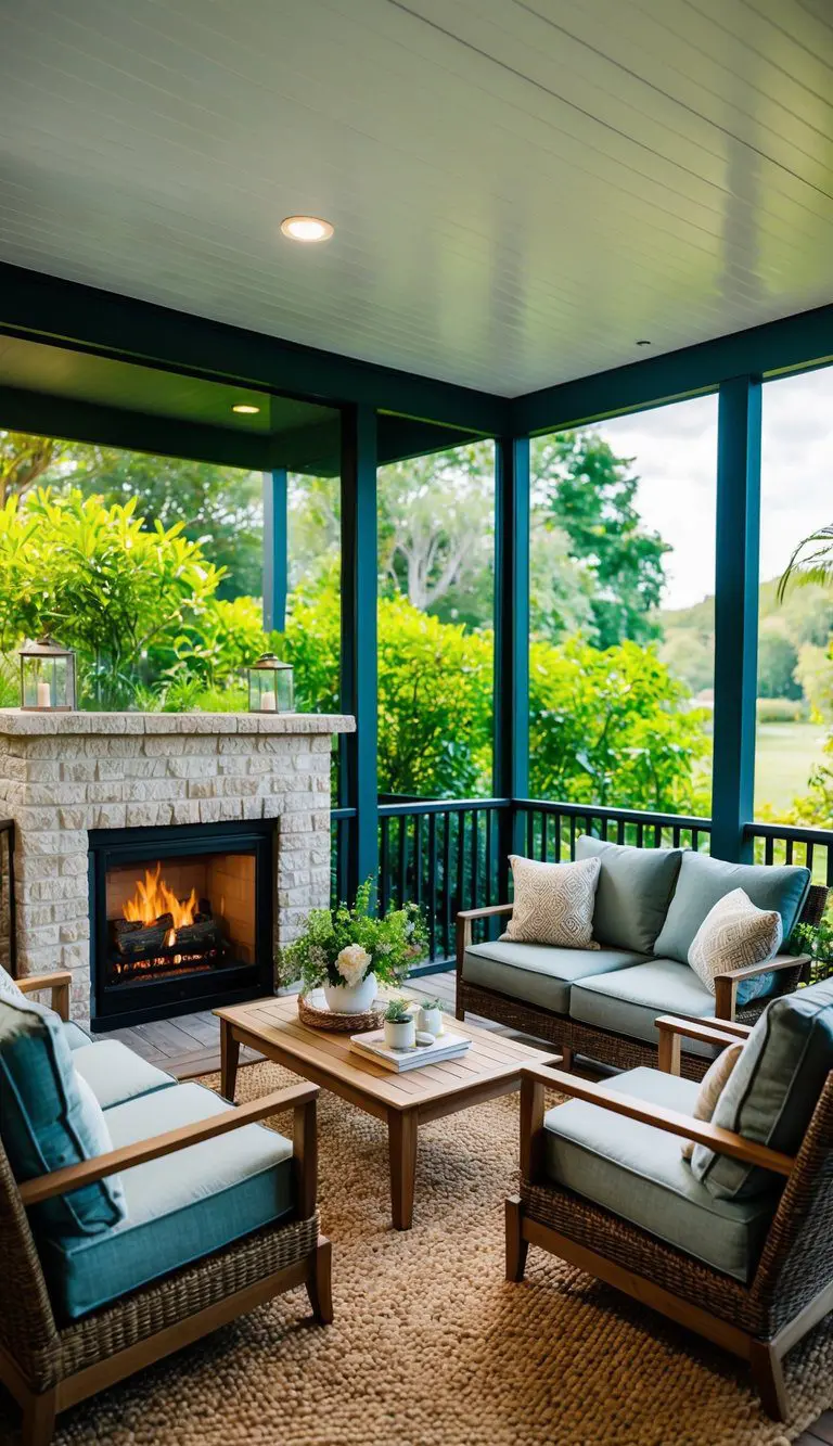 A cozy living room with a built-in fireplace, surrounded by comfortable seating and opening up to a screened-in back porch with lush greenery and a view of the outdoors
