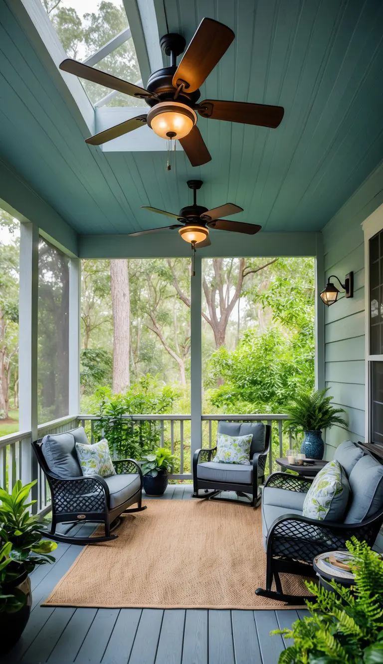 A cozy screened-in back porch with ceiling fans spinning, surrounded by lush greenery and comfortable seating for relaxing and enjoying the improved air circulation