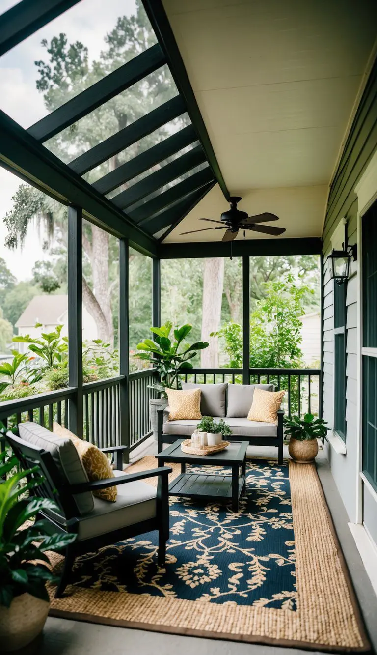 A cozy screened-in back porch with indoor-outdoor rugs, surrounded by lush greenery and stylish furniture, creating a warm and inviting atmosphere