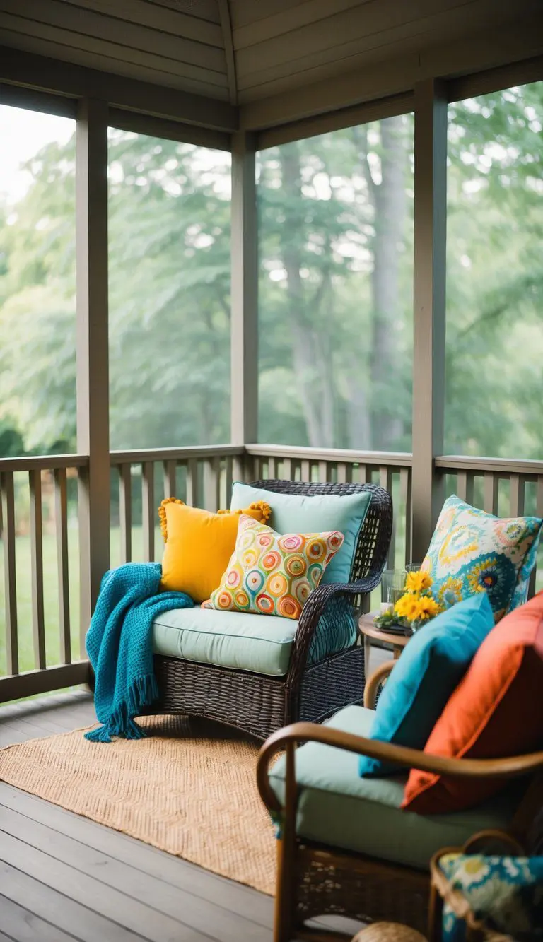 Colorful throw pillows and cushions adorn a cozy screened-in back porch, creating a comfortable and inviting space for relaxation and outdoor enjoyment