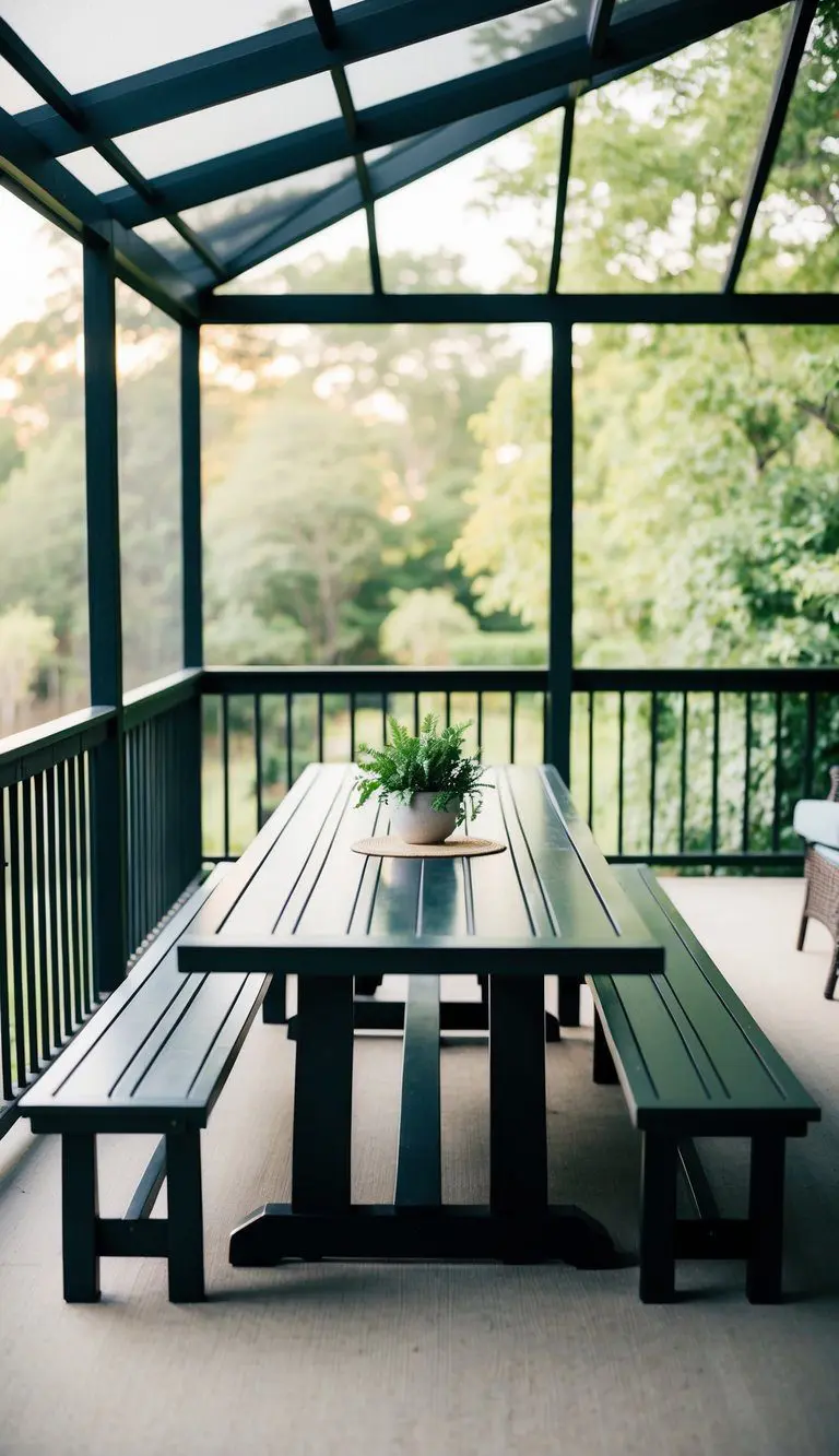 A long patio table with bench seating for ten people is set up on a screened-in back porch