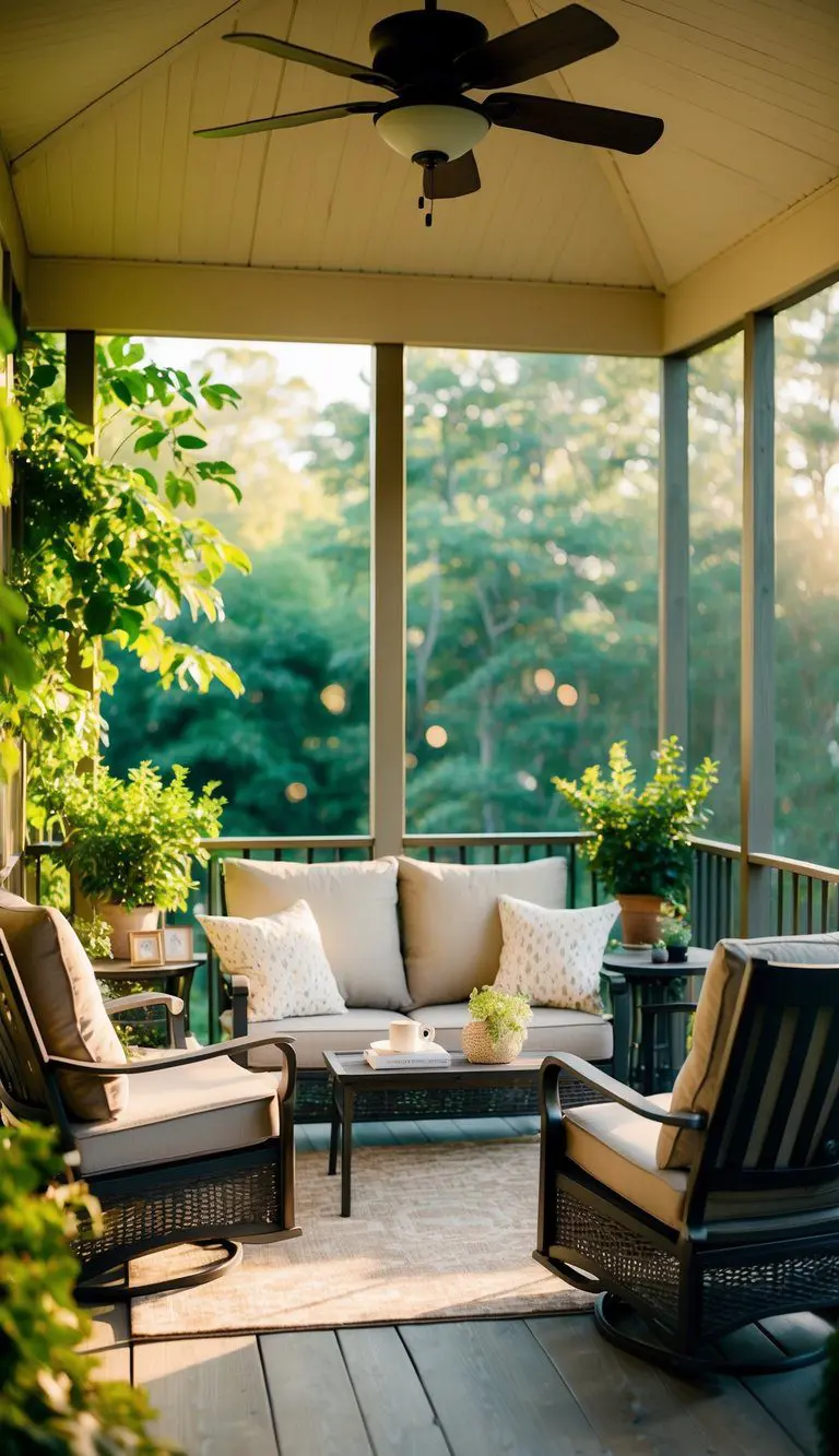 A cozy loveseat and two chairs arranged on a screened-in back porch, surrounded by lush greenery and bathed in warm sunlight