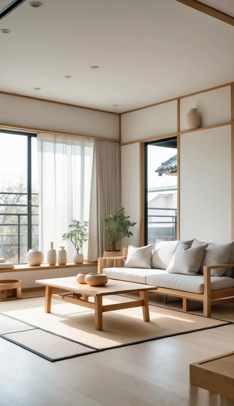 A bright living room with a wooden coffee table, sofa, plants, and large windows letting in natural light.