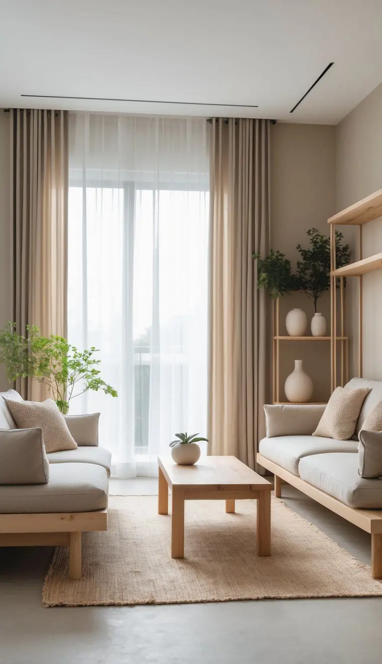 A bright living room with wooden furniture, a sofa, coffee table, plants, and natural light coming through large windows.