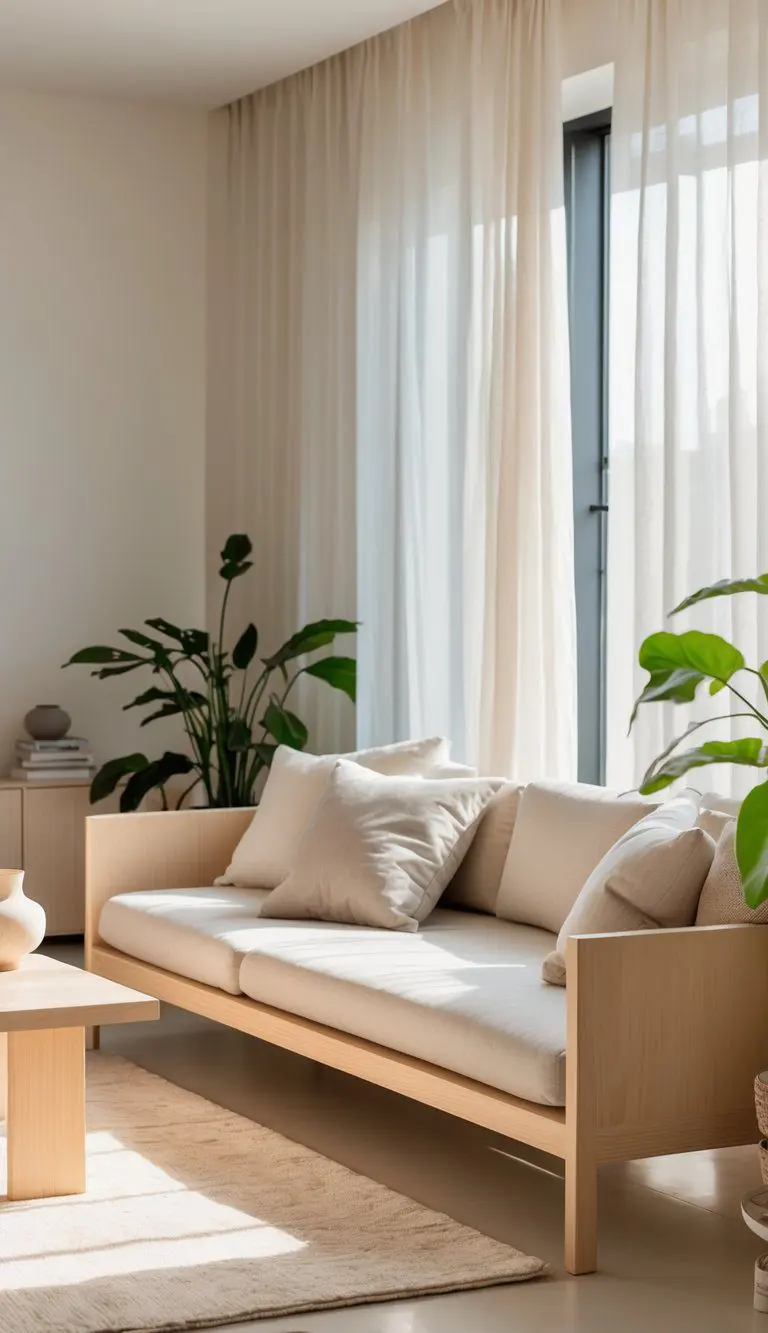 A bright living room with a low wooden sofa, coffee table, area rug, and plants by large windows.