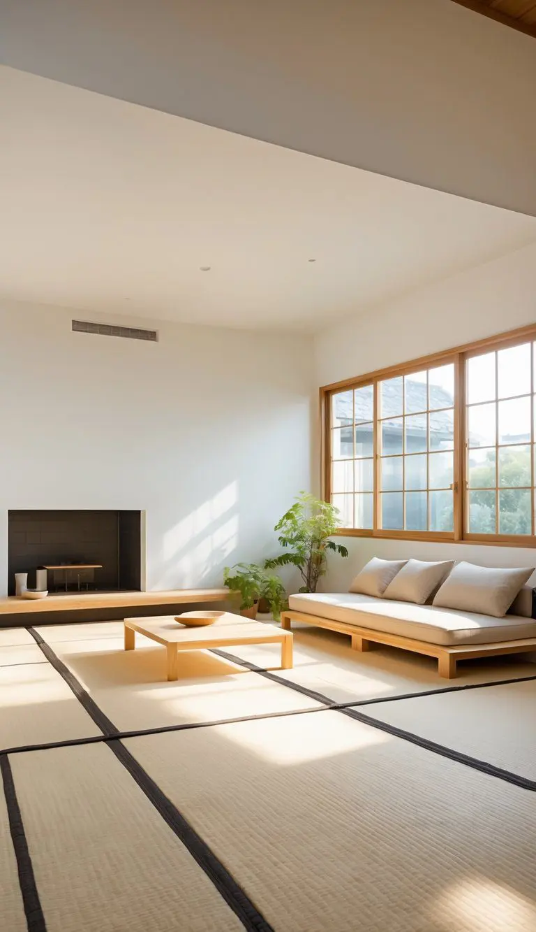A bright living room with tatami mats on the floor, wooden furniture, and green plants near large windows.