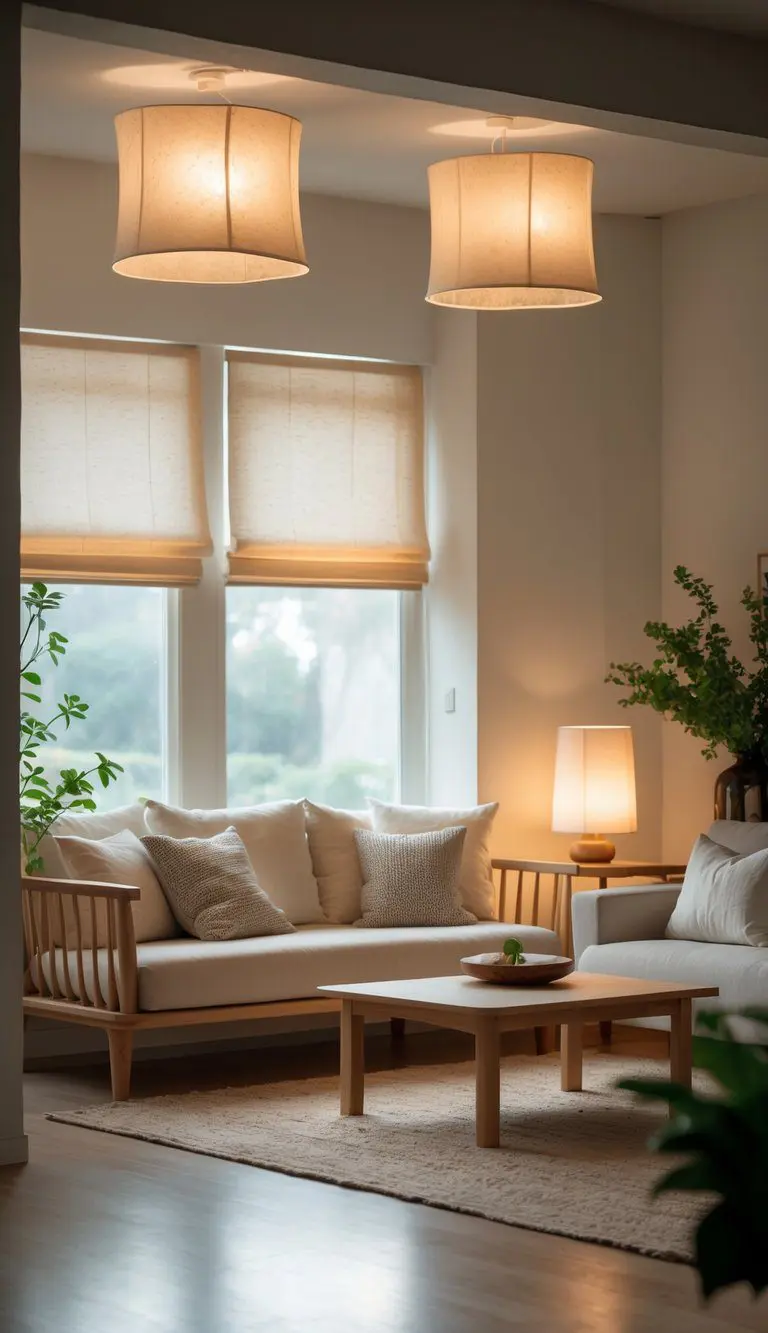 A cozy living room with soft lighting, wooden furniture, a sofa with cushions, a coffee table, and plants near large windows.