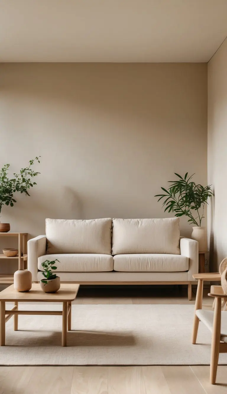 A living room with a beige fabric sofa, wooden furniture, a coffee table, and potted plants in a bright, uncluttered space.