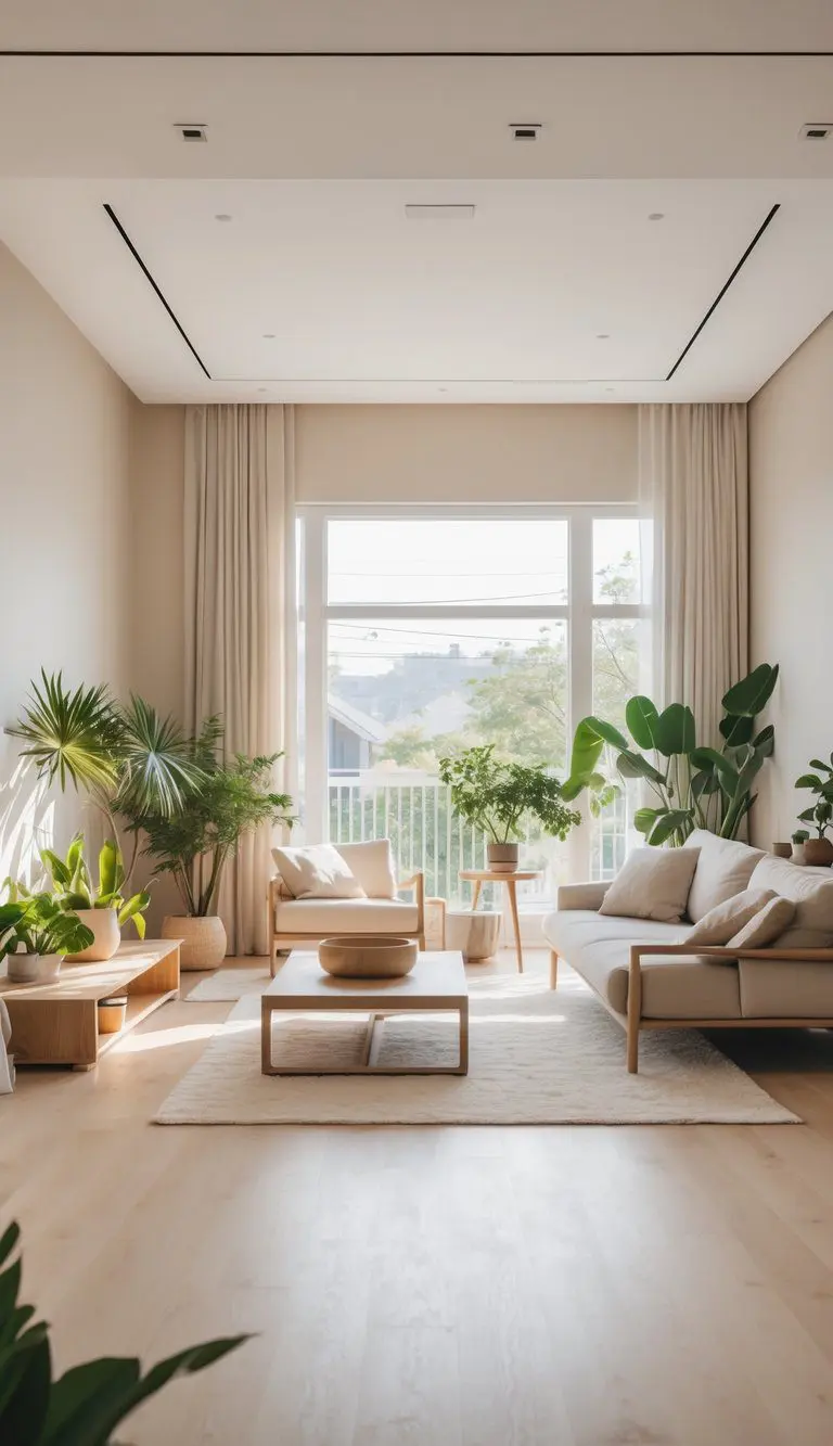 A bright and open living room with a sofa, coffee table, plants, and large windows, arranged neatly and without clutter.