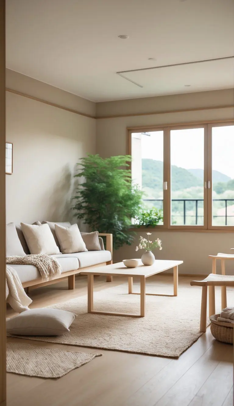 A bright living room with light wood furniture, neutral cushions, green plants, and large windows letting in natural light.