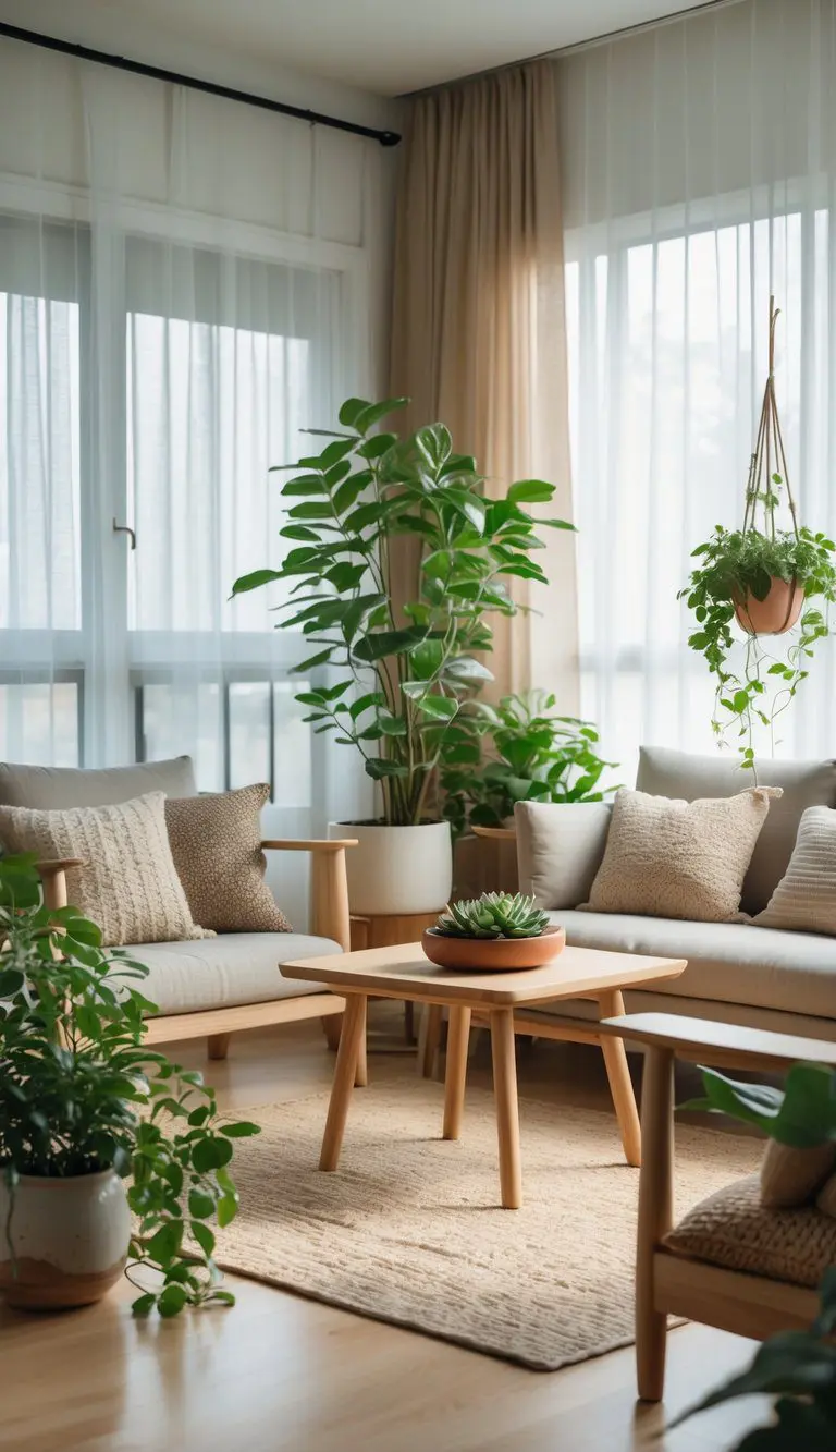 A living room with wooden furniture, several indoor plants, and soft natural light creating a calm and inviting atmosphere.