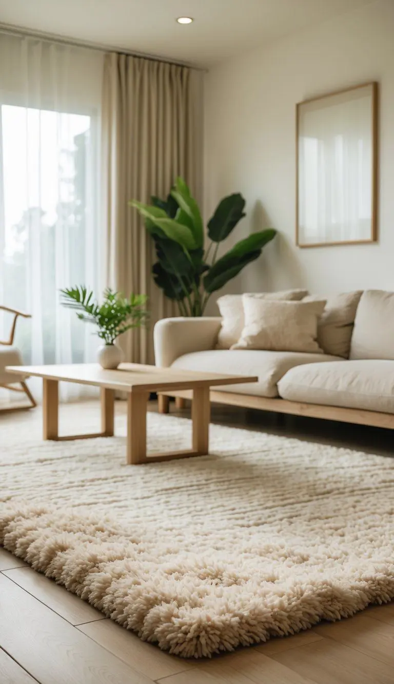 A cozy living room with a wool rug on a wooden floor, a beige sofa, a wooden coffee table, and green plants near large windows letting in natural light.