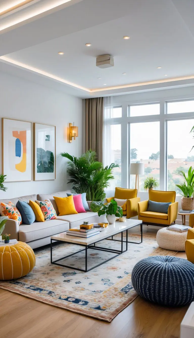 A bright living room with a sofa, coffee table, armchairs, plants, and large windows letting in natural light.