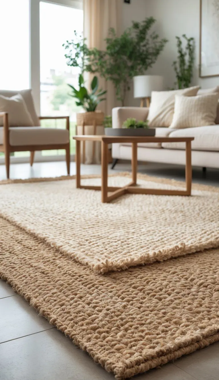 Living room with a cream textured rug layered over a natural jute rug, surrounded by comfortable furniture and plants.