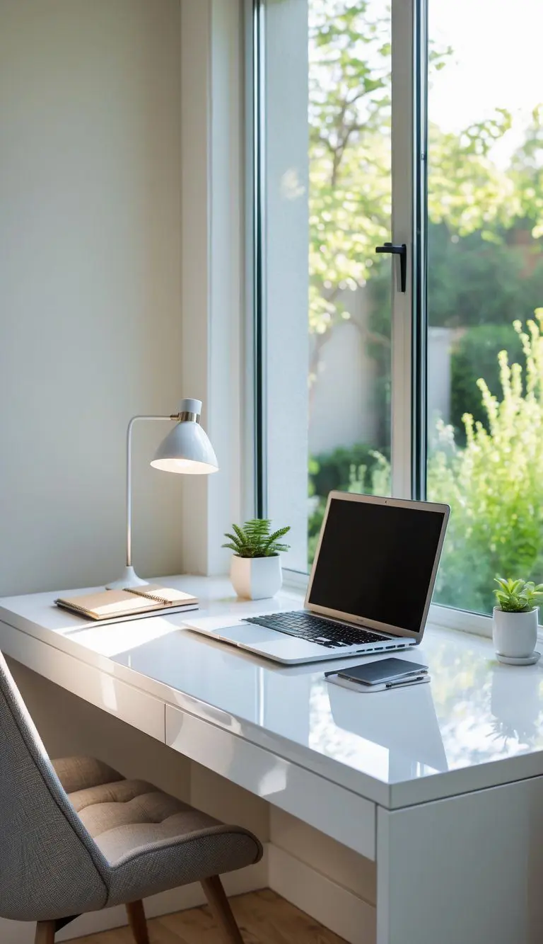 A home office nook with a white desk near a window showing a laptop, lamp, plant, and notebook.