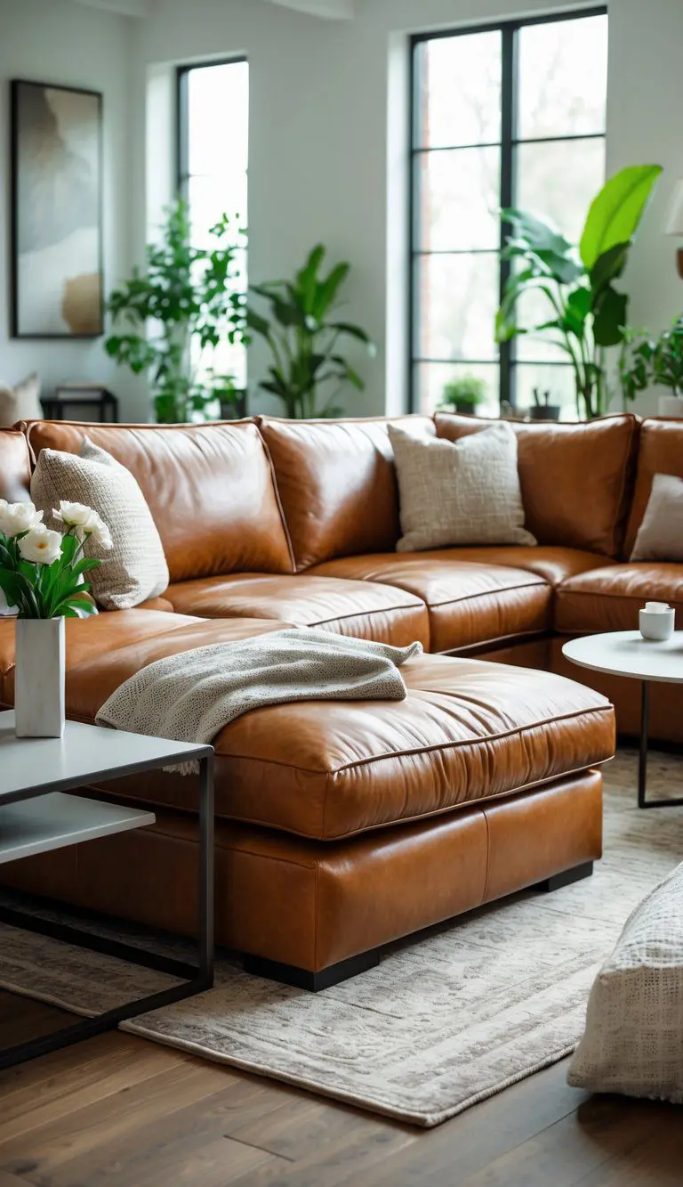 A living room with a large cognac leather sectional sofa, coffee table, plants, and natural light coming through windows.