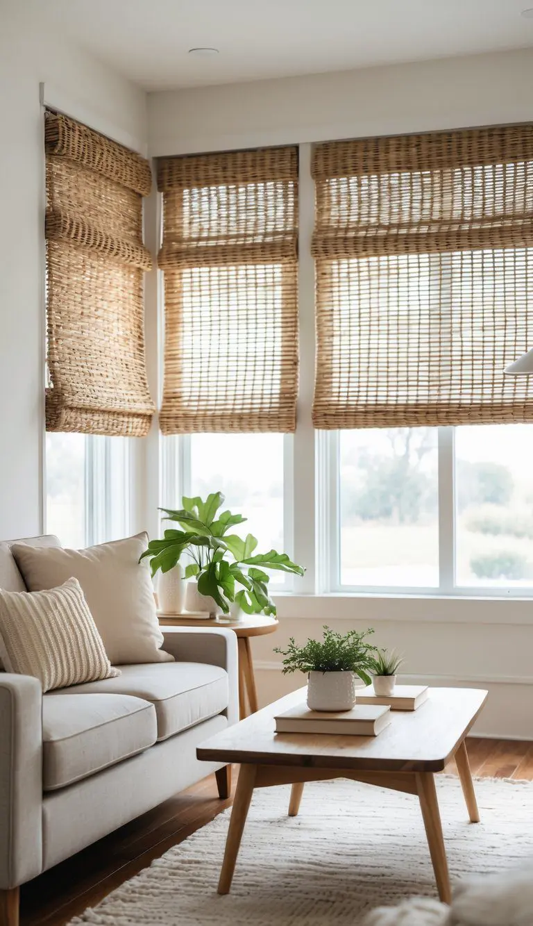 A living room with woven window shades, a sofa, coffee table, and natural light coming through the windows.