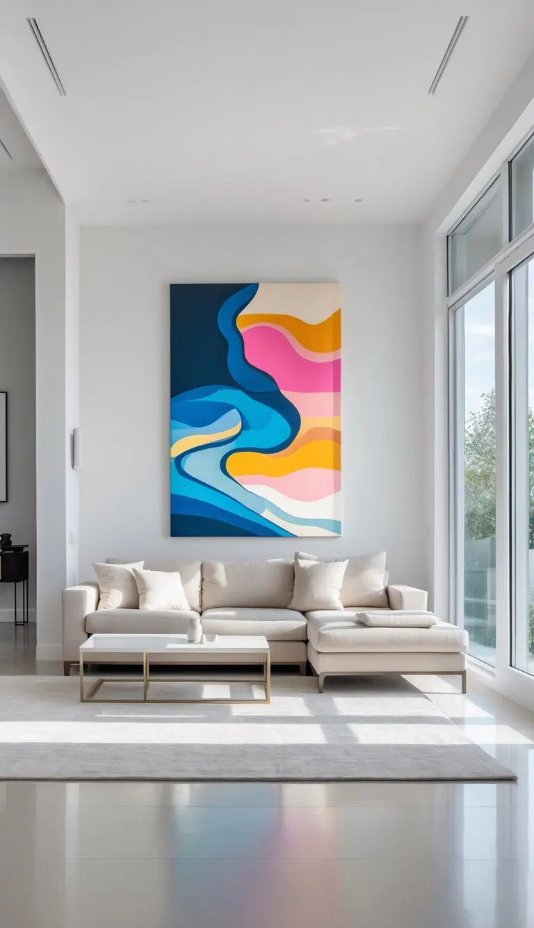 A living room with a large piece of artwork hanging on a central wall above a sofa.