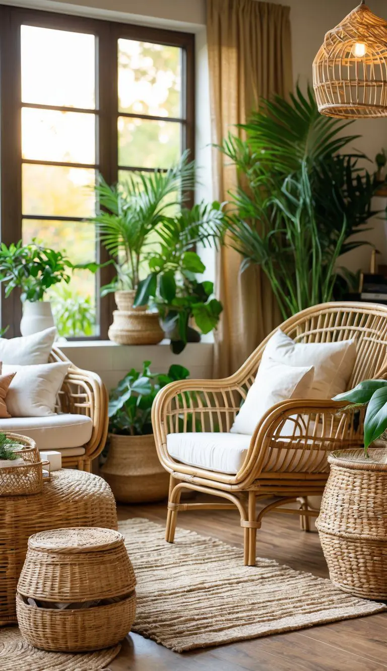 A living room with rattan chairs and wicker baskets arranged around a wooden floor, featuring plants and natural light.