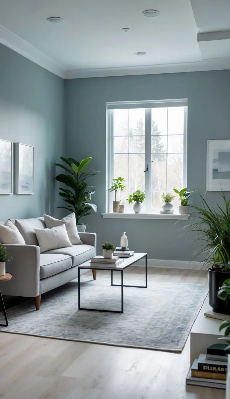 A living room with gray-blue walls, a sofa, coffee table, indoor plants, and natural light coming through large windows.