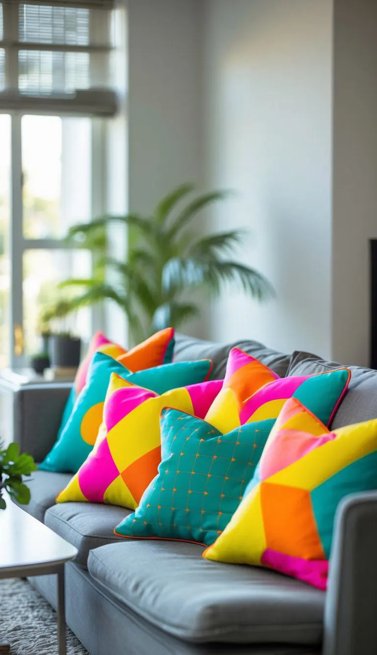 A living room with a sofa decorated with colorful square cushions and natural light coming through large windows.