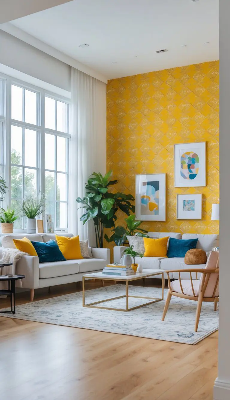 Living room with a bold accent wall, sofa, coffee table, and natural light coming through large windows.