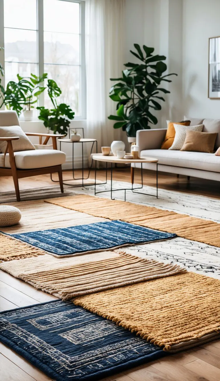 A living room with multiple layered rugs on the floor beneath a sofa and coffee table, illuminated by natural light from large windows.