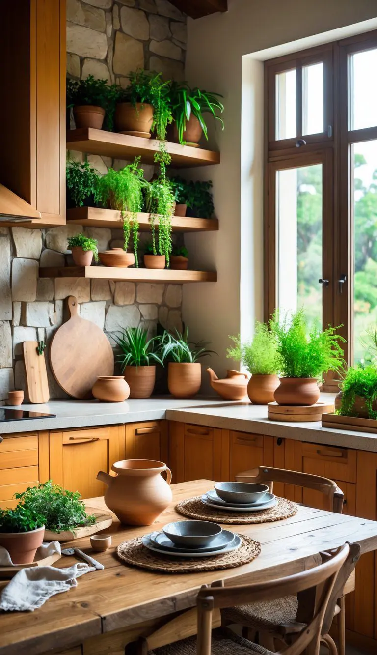 A warm kitchen with wooden cabinets, stone countertops, green plants, and a wooden dining table set with ceramic dishes.