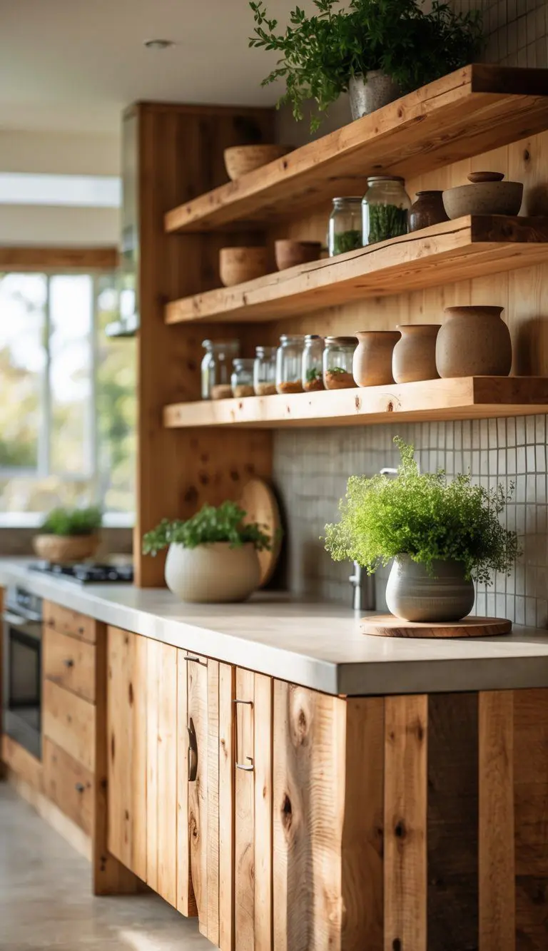 A kitchen with cabinets and shelves made from reclaimed wood, decorated with pottery, glass jars, and potted herbs.