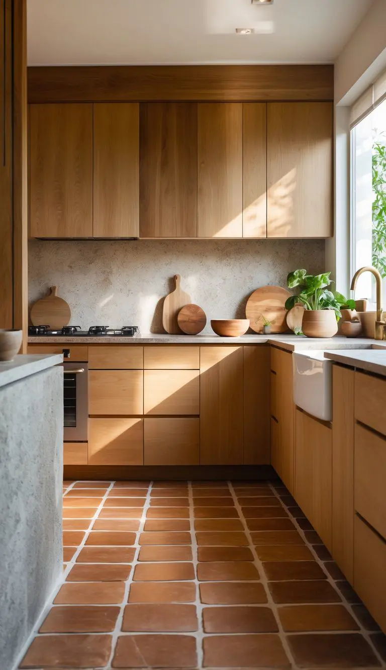 A kitchen with terracotta tile flooring and backsplash, wooden cabinets, stone countertops, and potted plants.