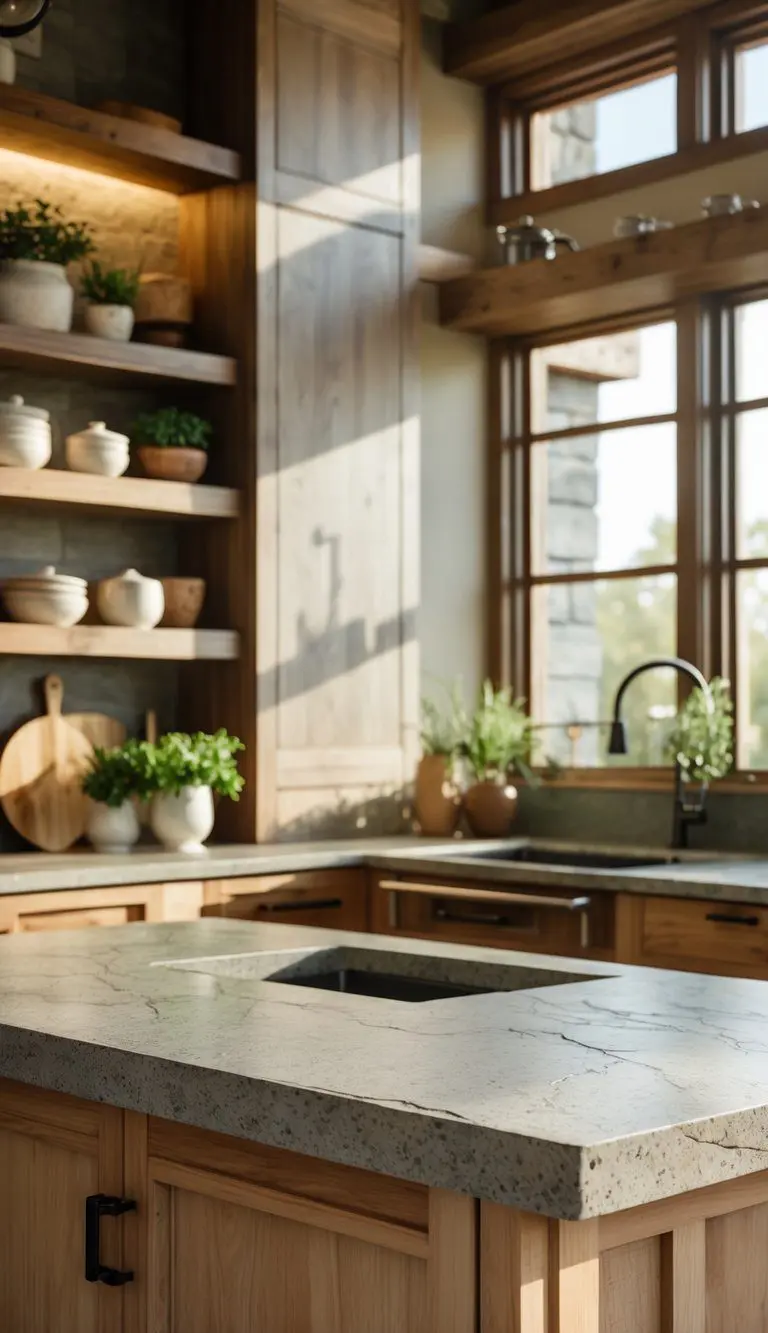 A kitchen with matte stone countertops, wooden cabinets, open shelves with dishes and plants, and natural light coming through large windows.