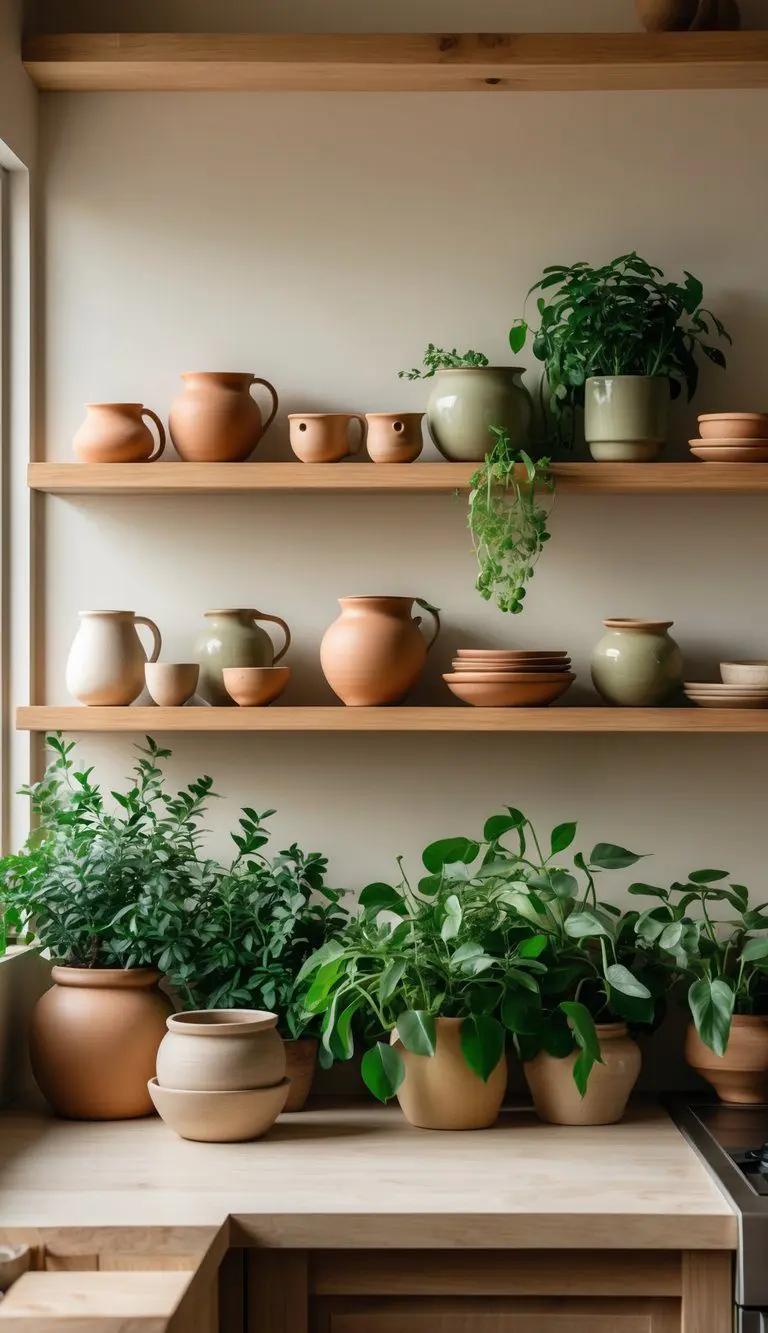 A kitchen wall with open wooden shelves displaying pottery and green potted plants.