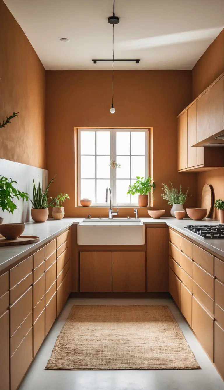 A kitchen interior with clay and ochre colored walls, wooden cabinets, a farmhouse sink, and natural light coming through a window.