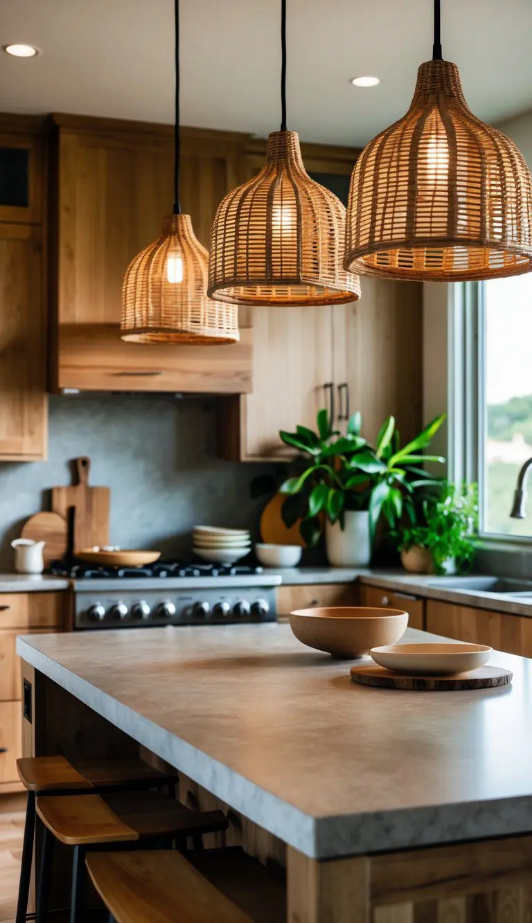 A kitchen with pendant lights featuring woven shades hanging over a kitchen island with wooden cabinets and plants.